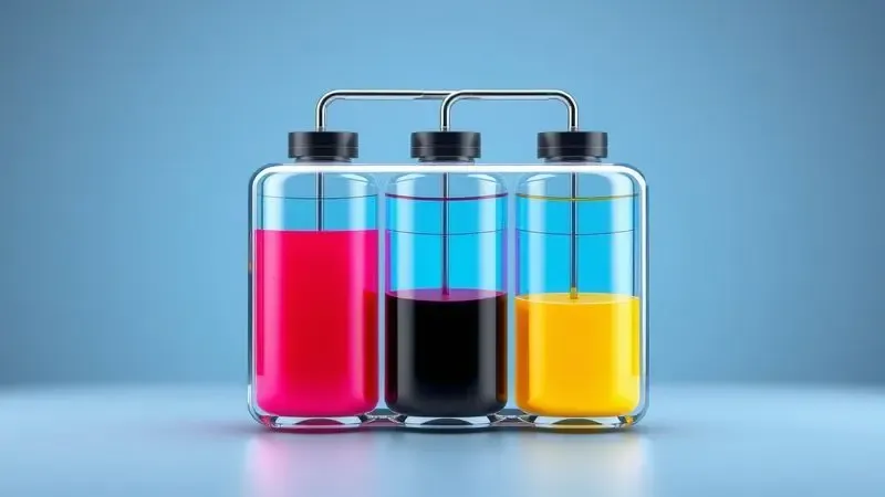 Ilustração 3D de um sistema de recarga de tintas coloridas em frascos translúcidos, representando economia e eficiência.