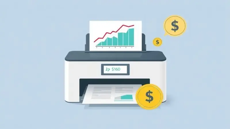 Ilustração digital de uma impressora emitindo folhas de papel com gráficos conceituais de economia e símbolos de moedas.