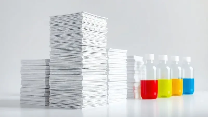 Pilhas de papel e garrafas de tinta coloridas simbolizando a alta capacidade de impressão de milhares de páginas.