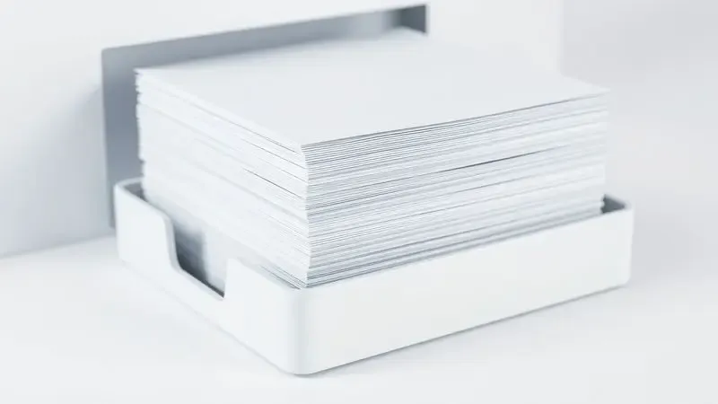 Representação artística em 3D de uma bandeja de impressora com uma grande pilha de papel sulfite branco.