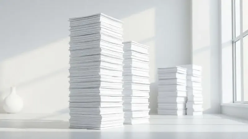 Pilhas organizadas de papel branco em um ambiente de escritório, simbolizando alta capacidade de trabalho.