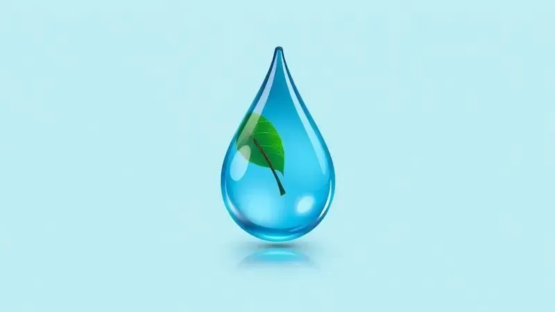 Ilustração simbólica de economia e eficiência, mostrando uma gota de tinta com elementos de sustentabilidade.