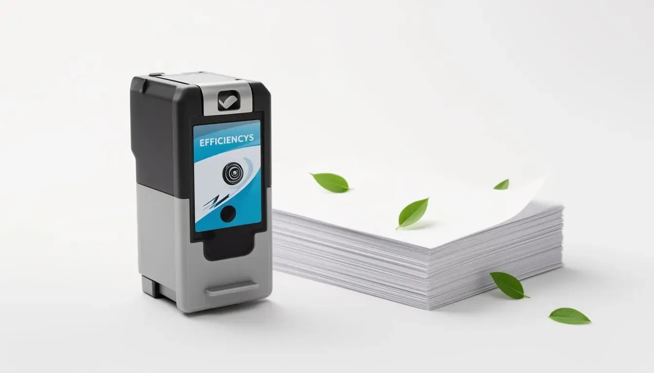 Ilustração digital de um cartucho de tinta estilizado com elementos verdes, simbolizando eficiência e economia de insumos.