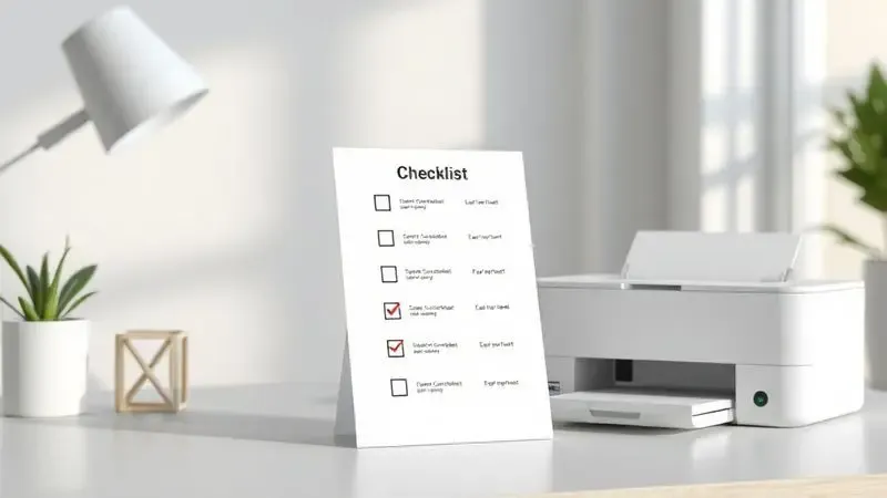 Ilustração 3D de um checklist comparativo ao lado de uma impressora genérica em um ambiente de escritório minimalista.