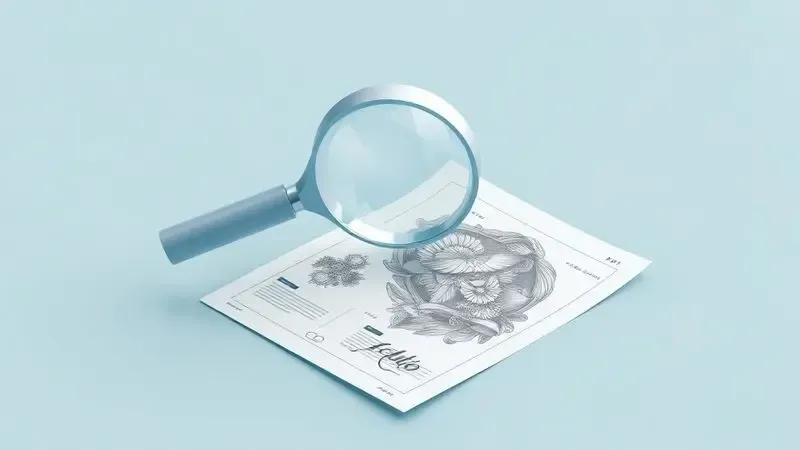 Ilustração 3D de uma lupa analisando a precisão de um desenho de tatuagem impresso para destacar a qualidade do decalque.