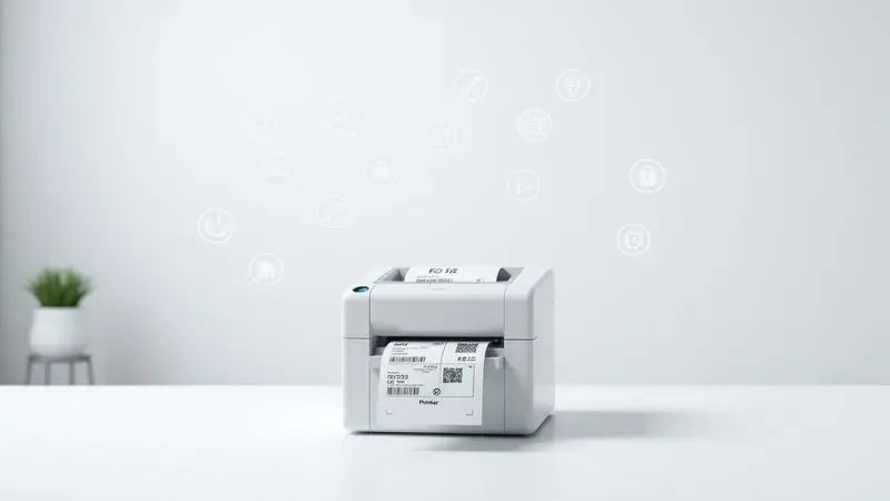 Ilustração 3D de uma impressora de etiquetas genérica cercada por ícones de tecnologia e velocidade em um ambiente minimalista.