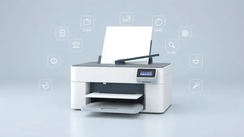 Ilustração 3D conceitual mostrando critérios de escolha para uma impressora de qualidade com ícones flutuantes.
