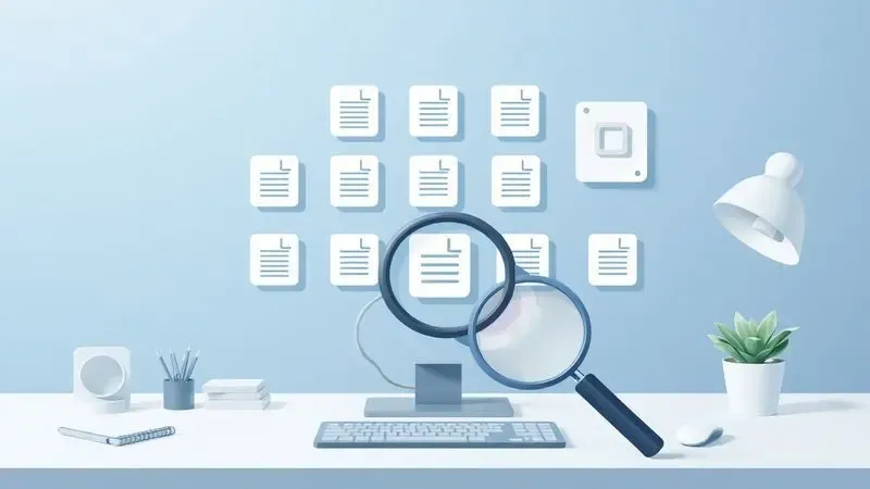 Ilustração conceitual de um ambiente de trabalho organizado com ícones de documentos simbolizando a escolha de hardware.