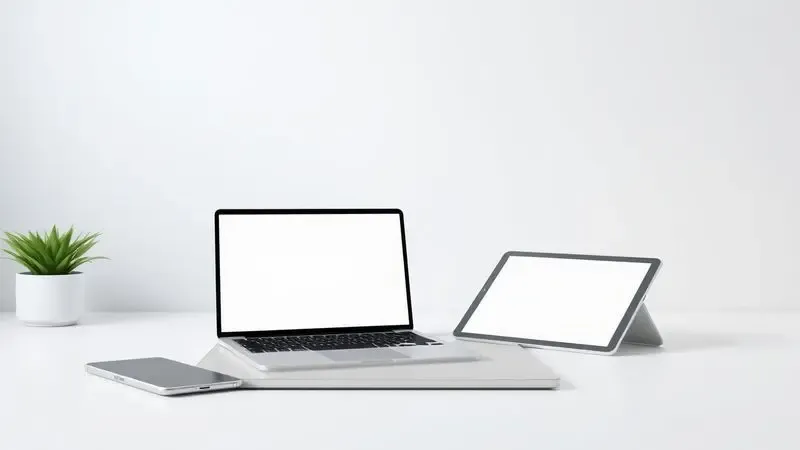 Renderização 3D de um ambiente de trabalho móvel com dispositivos eletrônicos minimalistas e organizados.