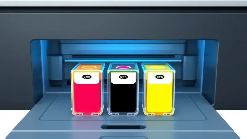 Ilustração 3D detalhando o funcionamento interno dos reservatórios de tinta de uma impressora moderna.