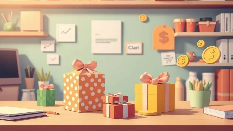 Ilustração conceitual de um ambiente de trabalho criativo com itens personalizados prontos e elementos de sucesso financeiro.