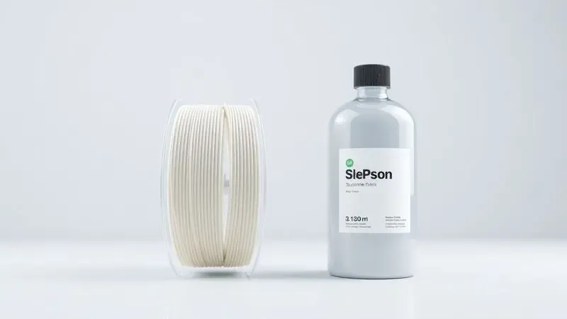 Comparação artística entre um rolo de filamento e um frasco de resina, ilustrando os materiais usados na impressão 3D.