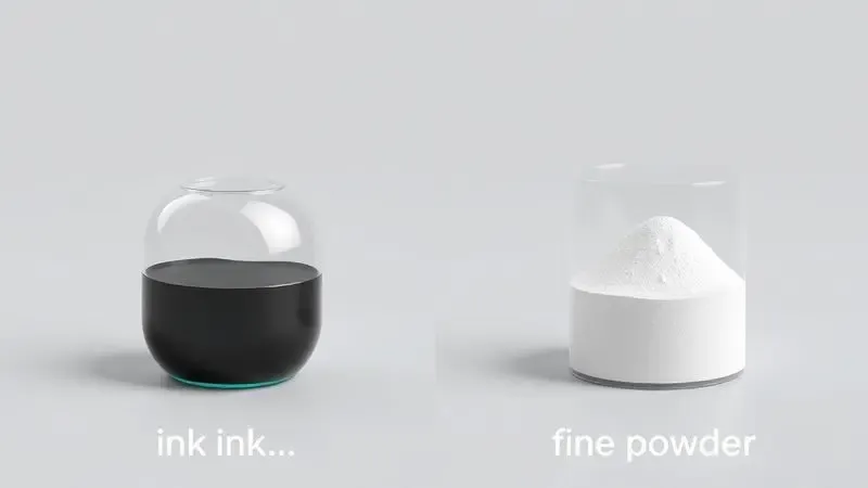 Renderização 3D comparativa mostrando o conceito de tinta líquida versos o pó fino utilizado em toners de impressora.