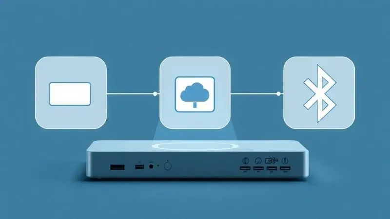 Representação gráfica das opções de conectividade USB, Bluetooth e Ethernet para dispositivos de impressão.