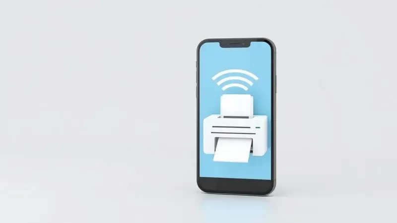 Renderização 3D de um smartphone moderno enviando sinais sem fio para uma impressora estilizada, representando conectividade Wi-Fi.