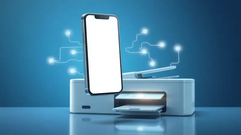 Ilustração digital representando a conectividade sem fio e o controle inteligente entre um smartphone e uma impressora.