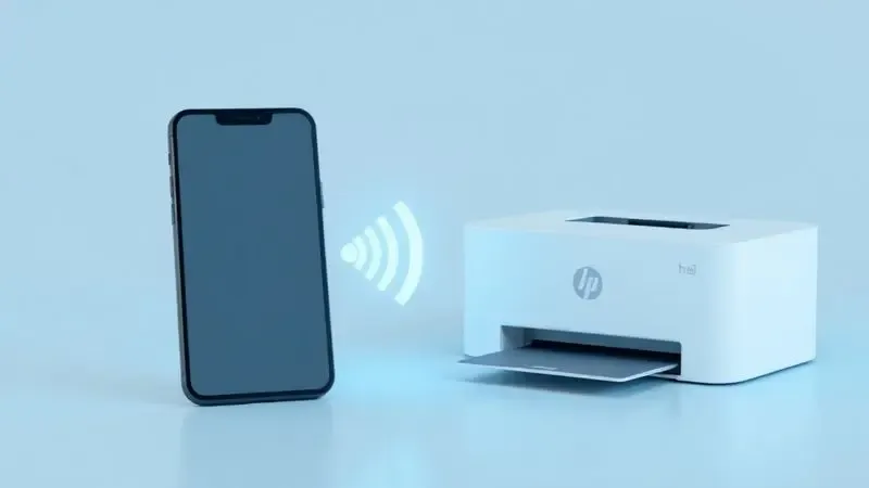 Conceito visual de conectividade sem fio entre um smartphone e uma impressora genérica em um ambiente tecnológico clean.