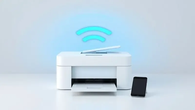 Ilustração 3D de conectividade sem fio entre uma impressora minimalista e dispositivos móveis em um ambiente clean.