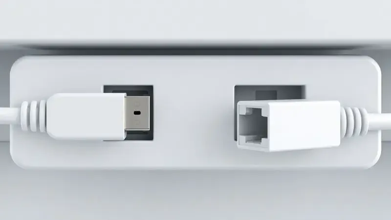 Comparação entre conexões USB e Ethernet para impressora térmica ilustrada conceitualmente