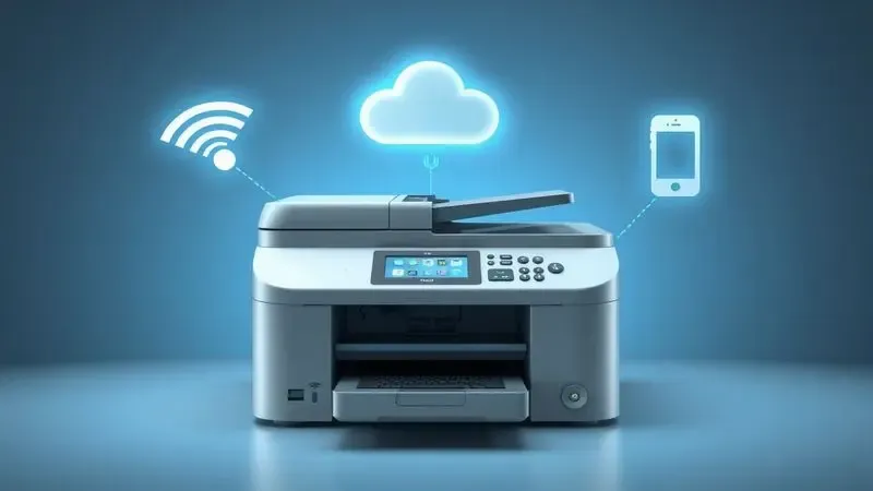 Visualização de conexões sem fio e nuvem integradas a uma impressora moderna.