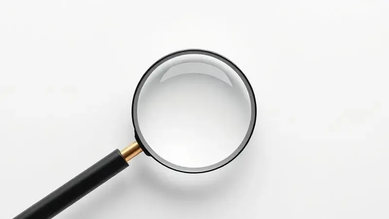Ilustração detalhada de uma lupa analisando a textura e qualidade de uma folha de papel fotográfico branco premium.