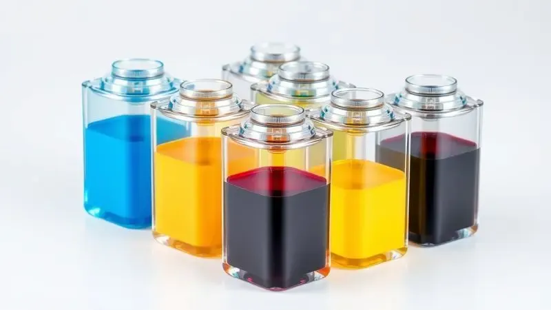 Renderização artística 3D de tanques de tinta translúcidos coloridos, simbolizando economia e alto rendimento por página.
