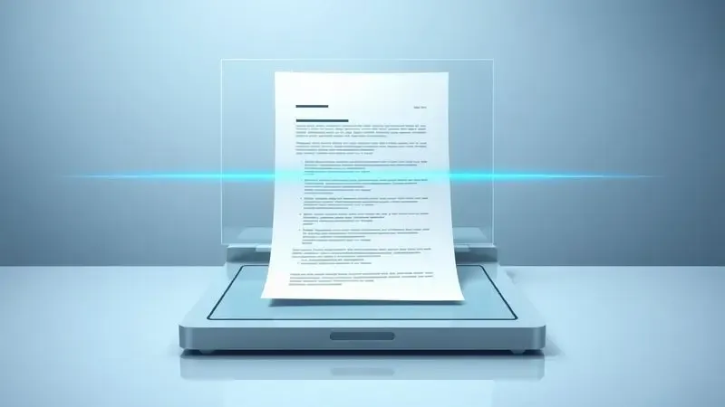 Ilustração de um documento sendo digitalizado em um scanner com um feixe de luz azul suave passando sobre a folha.