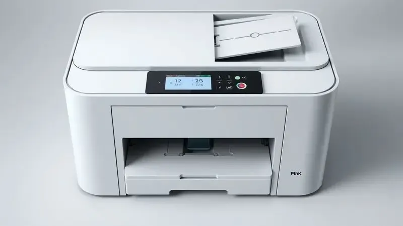 Ilustração 3D detalhando os reservatórios de tinta e o painel de controle de uma impressora moderna e minimalista.