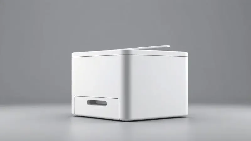 Renderização 3D de uma impressora compacta e moderna destacando seu design minimalista e formato funcional para pequenos espaços.