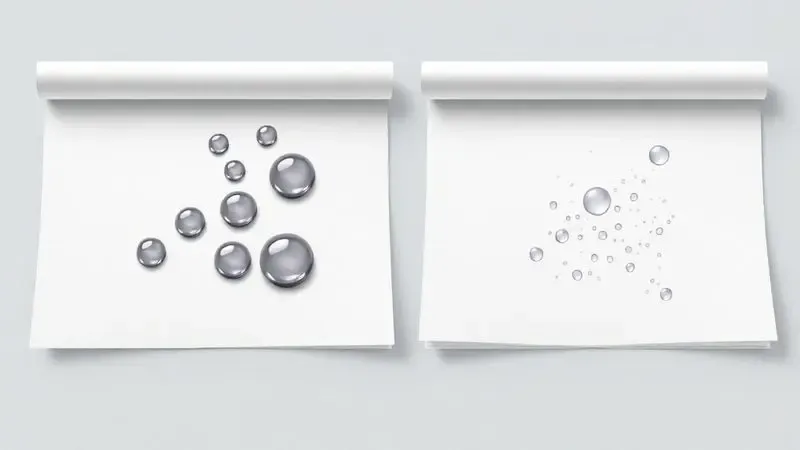 Ilustração conceitual comparando a absorção de gotas de tinta líquida em uma superfície de papel e a fusão de partículas de toner em outra.