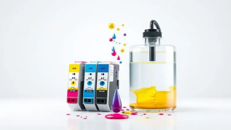 Representação artística comparando cartuchos de tinta tradicionais com sistema de tanque de tinta.