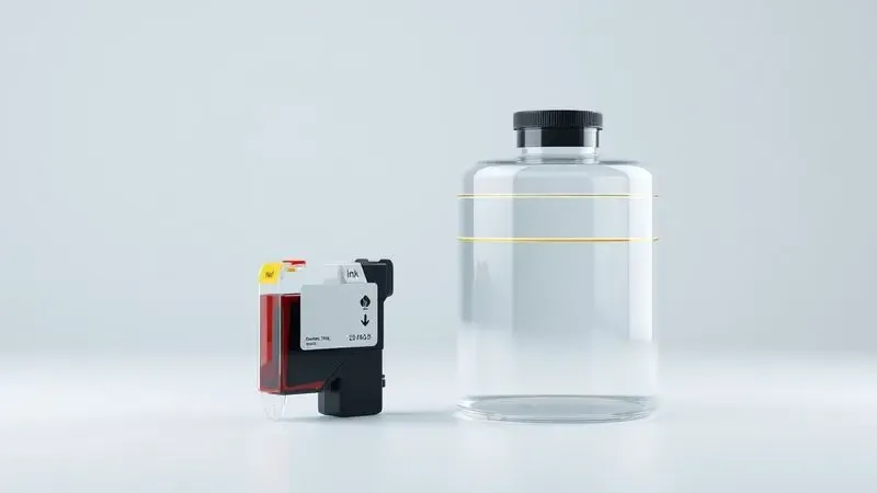 Comparativo visual entre um cartucho de tinta tradicional e um reservatório de tanque de tinta em estilo de design clean.