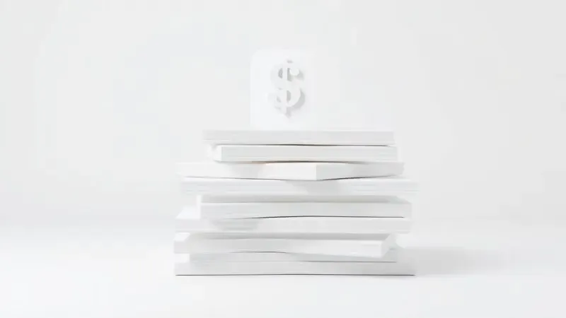 Ilustração 3D representando a economia de papel e baixo custo de impressão por página.