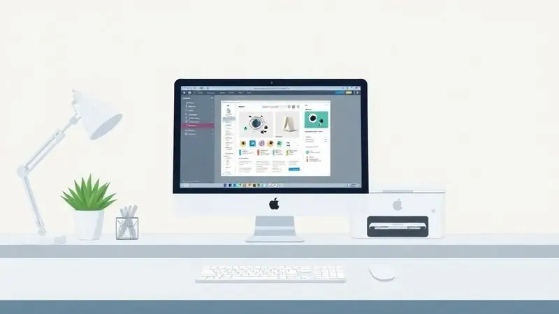 Espaço de trabalho moderno e minimalista com um computador exibindo softwares de design e uma impressora estilizada ao fundo.