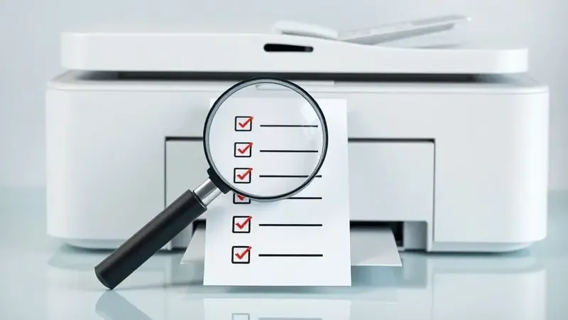 Representação visual de uma lista de especificações e uma lupa ao lado de uma impressora, simbolizando a análise de compra.