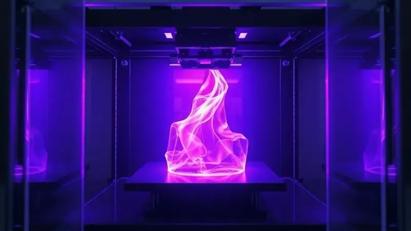 Ilustração conceitual da fonte de luz e tela LCD de uma impressora 3D de resina em funcionamento.