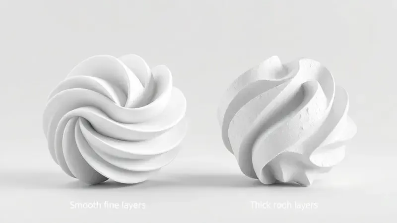Renderização 3D comparativa exibindo a diferença entre camadas de impressão finas e grossas em uma forma geométrica.