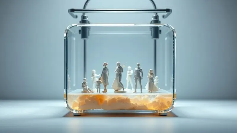 Ilustração de miniaturas detalhadas impressas em resina em uma impressora 3D SLA conceitual.