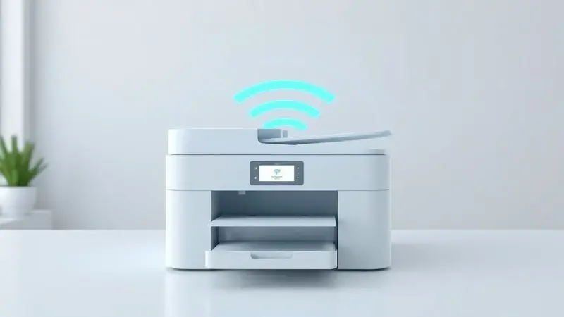 Representação visual de uma impressora com sinal de Wi-Fi estilizado em um ambiente minimalista.