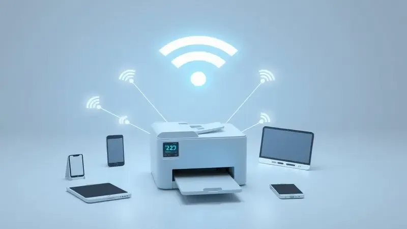 Renderização artística de uma impressora pequena com ondas de sinal Wi-Fi conectando-se a dispositivos móveis de forma abstrata.