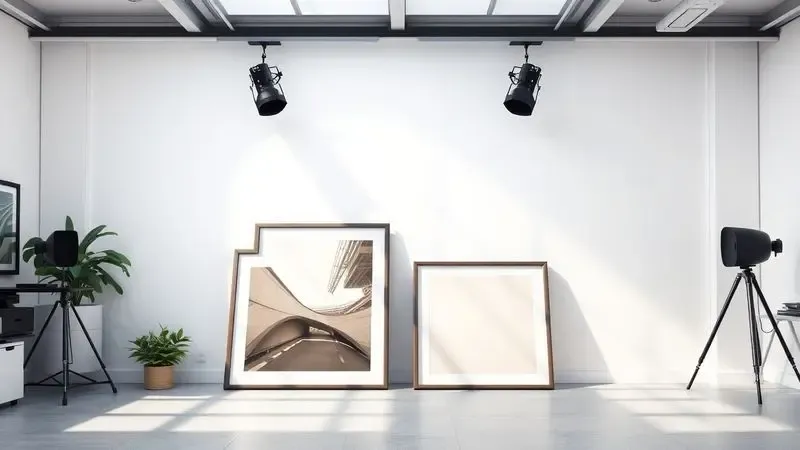 Ilustração digital de um estúdio de fotografia profissional com impressões de grande formato e clima artístico.