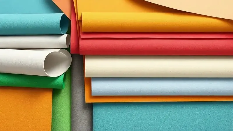 Representação artística de diversos materiais compatíveis com plotter de recorte como vinil, papel e tecidos em camadas organizadas.