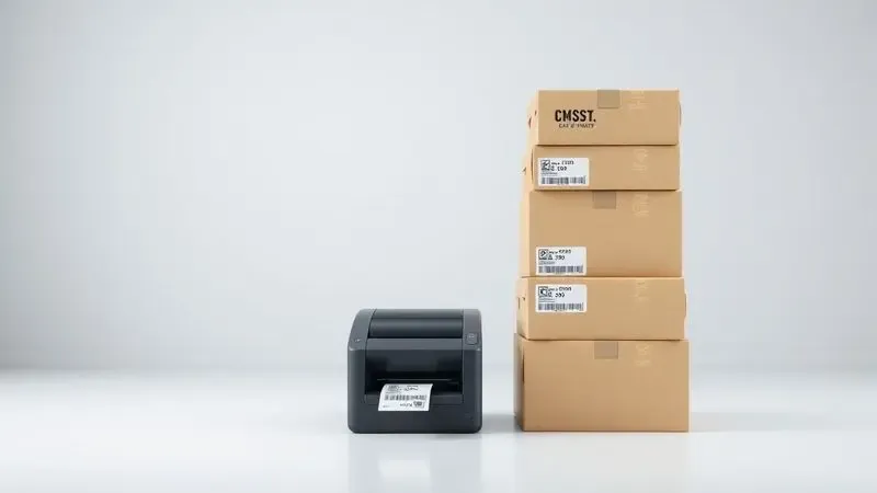 Renderização 3D de uma impressora de etiquetas ao lado de caixas de papelão genéricas representando logística de e-commerce.