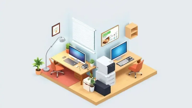 Representação 3D de dois ambientes de trabalho, um doméstico e um corporativo, com impressoras genéricas para comparação de uso.