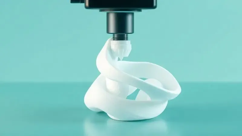 Ilustração digital de um bocal de impressora 3D criando uma forma geométrica moderna e limpa.