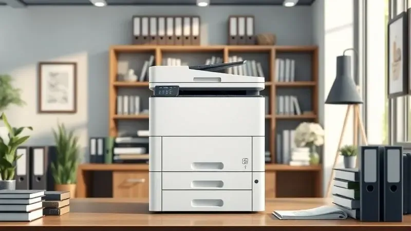 Ilustração de uma impressora de alta performance em um escritório jurídico moderno com documentos organizados.