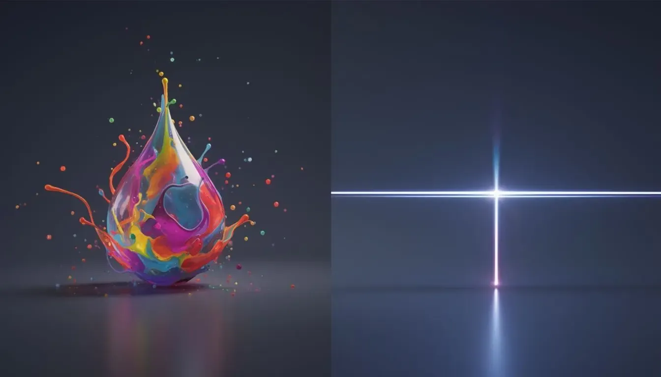 Renderização 3D abstrata comparando uma gota de tinta vibrante e um feixe de laser preciso, simbolizando métodos de impressão.
