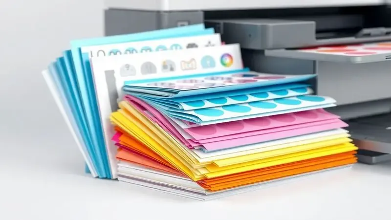 Renderização 3D de diversos tipos de papéis e adesivos coloridos prontos para impressão personalizada e artesanato.