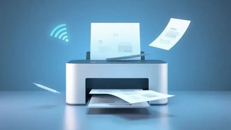 Conceito visual de impressora com sinais de conectividade Wi-Fi e folhas de papel flutuantes.