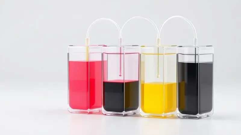 Representação conceitual de tanques de tinta coloridos para sistema de impressão contínua em sublimação.